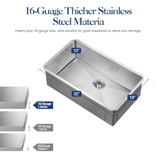 ANNWA 32 inch Kitchen Sink Undermount Stainless Steel Workstation 32x19x10 inch 16 Gauge Under Counter Kitchen Sinks Basin with Accessories Single Bowl Kitchen Sink - Thumbnail 2