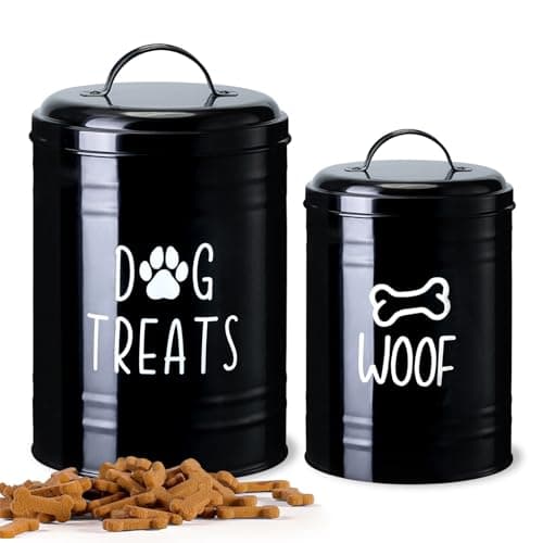 Dog Treat Container Airtight, Dog Treat Jar Set of 2 with Lid - 9x5.5''&7x4'' Metal Dog Cookie Jar for Farmhouse Kitchen Counter, Black Treat Jars for Pets, Treat Storage Container for Dogs, Cats - Image 1