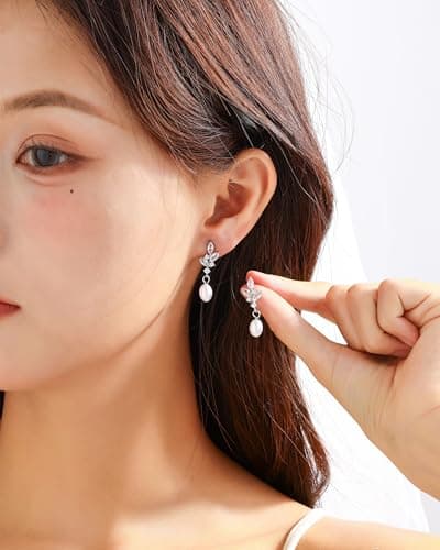 Pearl Earrings for Women, Trendy Silver Pearl Diamond Earrings Bridal Shower Gifts Wedding jewelry for Women - Thumbnail 2