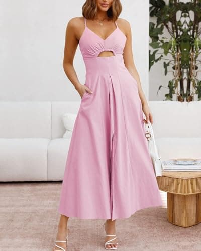 BTFBM Women 2026 Spaghetti Strap Midi Summer Dresses Sleeveless V Neck Cutout Slit Casual Beach Party Maxi Dress Pockets(Pink, X-Large) - Thumbnail 2