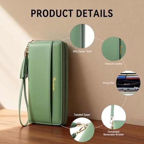 Travelambo Womens Wallet Tassel Bifold Ladies Clutch Wristlet Wrist strap Long Purse (Access Green Blooming) - Thumbnail 6