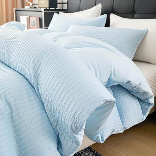 DCSKY Light Blue Duvet Cover Queen Size, 3pcs Washed Microfiber Bedding Set, Soft Breathable Rippled Duvet Cover Set with Zipper Closure for All Seasons - Thumbnail 5