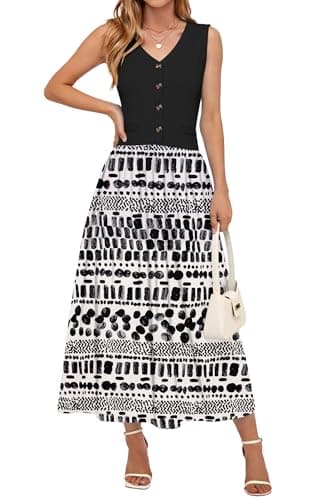 MOLERANI Summer Dress for Women 2026 Casual Sleeveless V-Neck Elegant Flowy Floral Midi Long Sundress with Pockets,Color Block,Party,Travel(Irregular Ink,M) - Thumbnail 2