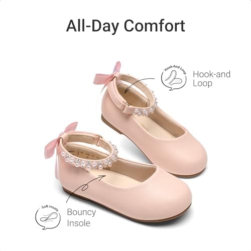 DREAM PAIRS Toddler Little Girls Dress Shoes Flower Girl Mary Jane Ballet Flat Shoes with Pearl Ankle Strap & Satin Bow for Wedding/Party,Size 13 Little Kid,Pink,SKFA26002K - Thumbnail 3
