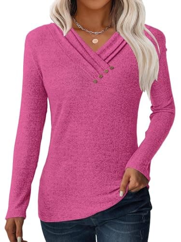 GKBK Women Long Sleeve Tunic Tops for Leggings V Neck Button Down Loose T Shirts 2026 Winter Dressy Business Casual Blouse Sweatshirt Work Cute Fashion Trendy Sweater Clothes Rose Pink L - Image 1
