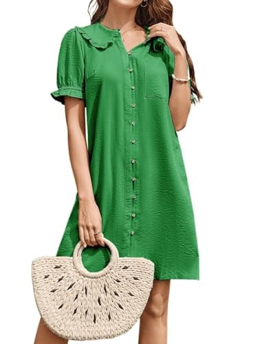 Theenkoln Womens Button Down Mini Dress:Oversized Peter Pan Collar Short Sleeve Flowy Baby Doll Dresses with Belt Green L - Image 1
