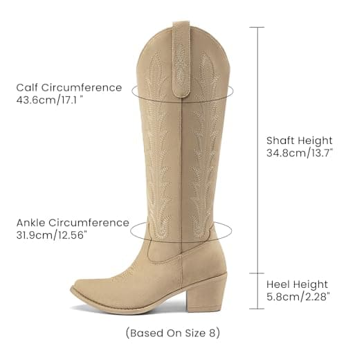 Athlefit Western Cowboy Boots for Women Knee High Cowgirl Comfortable Pull On Block Heel Pointed Toe Embroidered Camel Suede Tall Boots for Travel Walking Camel Suede Size 11 - Thumbnail 3