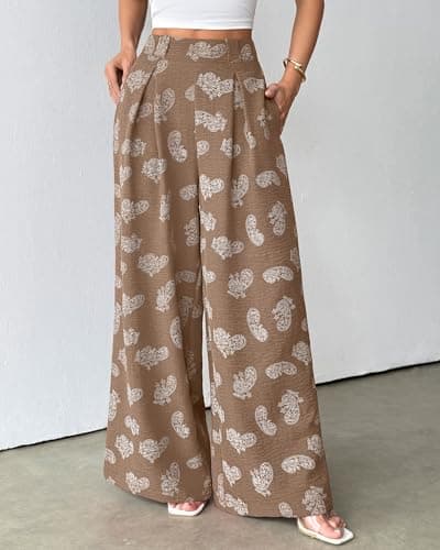 Bsubseach Women Palazzo Pants Modern Boho Floral High Waisted Wide Leg Pants Summer Causal Beach Trousers with Pockets Khaki L - Thumbnail 2