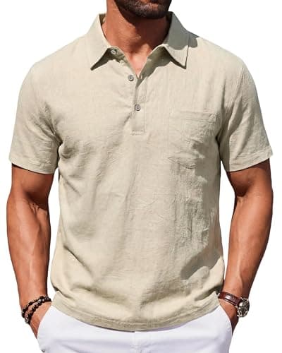 TRFIC Mens Polo Shirts Short Sleeve Golf Shirts for Men Linen Casual Summer Classic Collar Shirts with Pocket Beige - Image 1