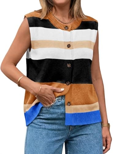 Tankaneo Womens Color Block Striped Sweater Vest Tops Summer Casual Button Up Knit Sleeveless Cardigan Tank Tops Camel - Image 1