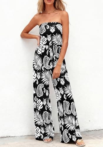 BTFBM Jumpsuits For Women Casual 2026 Floral Strapless Jumpsuit Wide Leg Rompers Beach Vacation Clothes Summer Outfits(Floral Black White, XX-Large) - Thumbnail 2