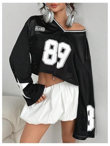 Milumia Women's Jersey Shirts Y2k Number Print Long Bell Sleeve Crop Tops Football Jersey Black Medium - Thumbnail 3
