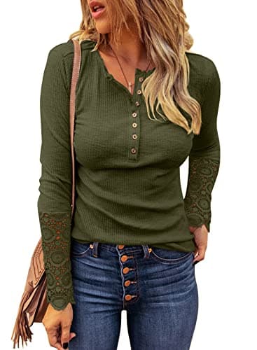 BTFBM Women Long Sleeve Shirts Spring Solid Button Up V Neck Lace Long Sleeves Slim Fit Knit Casual Fall T-Shirts 2026(Amry Green,XX-Large) - Image 1
