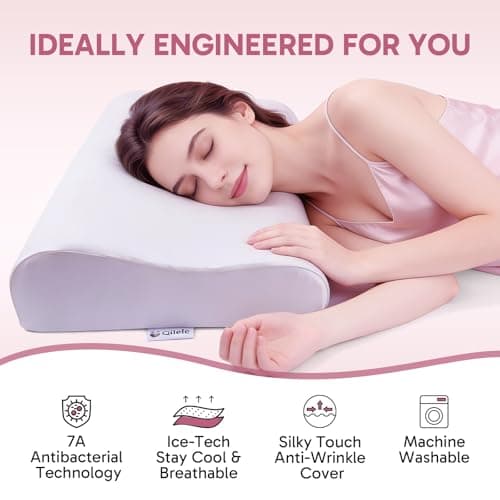 Ergonomic Memory Foam Pillow 2 heights: Mid-Low, Cervical Support Relieve Neck Back Pain, Breathable Cool Ice Silk Anti-Wrinkle Cover, SGS Certificates, for Side Back Stomach Sleeper, Queen Size - Thumbnail 6