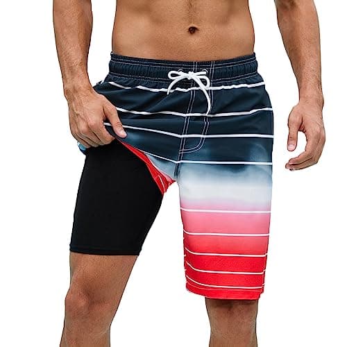 Arcweg Mens Swim Trunks with Compression Liner 9 inch 2 in 1 Shorts Big and Tall,Quick Dry, Black Gradient Red - Image 1