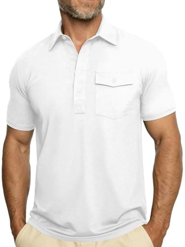 JEMLDL Mens Polo Shirts Short Sleeve Golf Tennis Shirt Quick Dry Collared Casual Work Tops with Pocket 4 Button Placket Tops White XL - Image 1