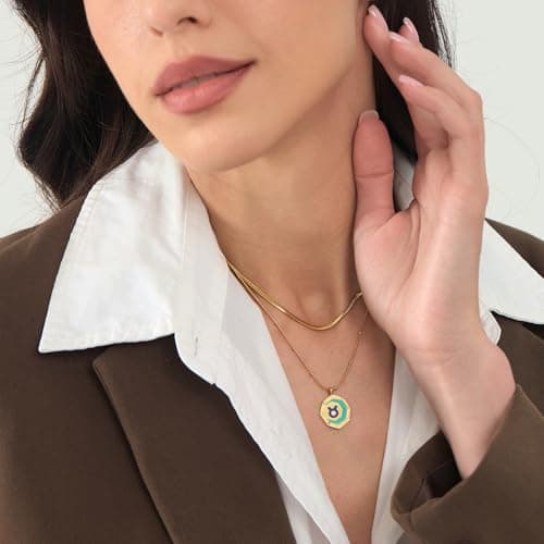 LETFLY Taurus Zodiac Necklace for Women, 18K Gold Plated Octagon Shaped Pendant with Cubic Zirconia Adjustable Layered Snake Chain for Womens Jewelry Gifts - Thumbnail 2