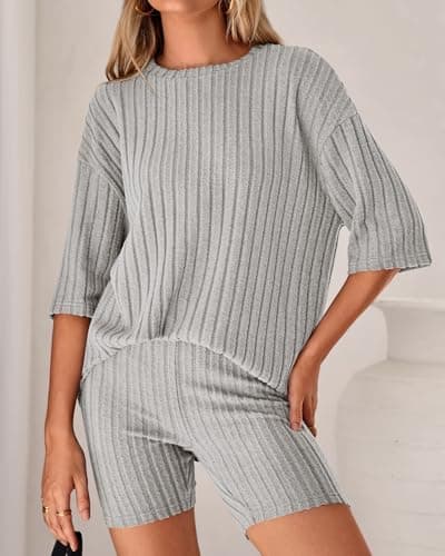 KIRUNDO Short Sets For Women Summer 2 Piece Matching Lounge Sets Casual Rib Knit Tshirts Biker Shorts Beach Vacation Outfits (Grey, X-Large) - Thumbnail 4