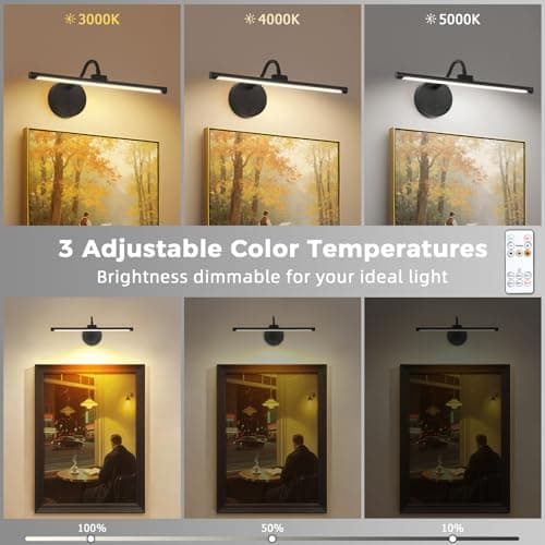 Wireless Picture Light, Magnetic Rechargeable LED Painting Light with Remote, Battery Operated Wall Art Light, 3 Color Temperatures, Dimmable Flexible Gooseneck Gallery Light for Frames, Black - Thumbnail 4
