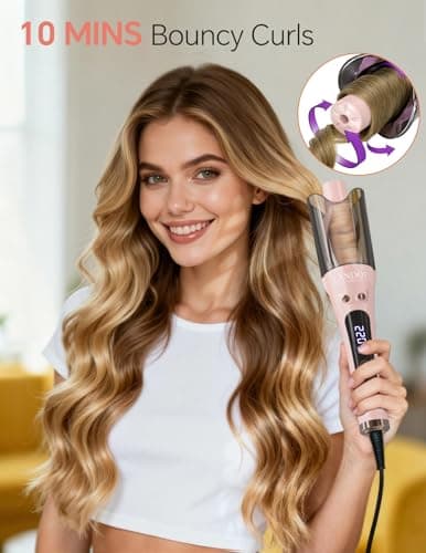 LANDOT Automatic Curling Iron 1-inch: Easy-to-Use Self Curling Wand with Auto Rotation, Anti-Tangle Technology for Beginners,Girls & Teens - Charming Pink - Thumbnail 2