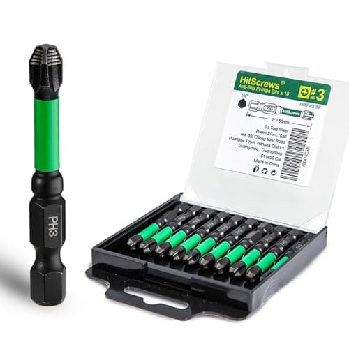 HitScrews Anti Slip Impact Driver Phillips Bits #3, 2 Inch PH3 Impact-Resistant Screwdriver Bits, Magnetic Tip, S2 Tool Steel, 1/4" Hex Drive, Construction Tools - 10 Pack - Image 1