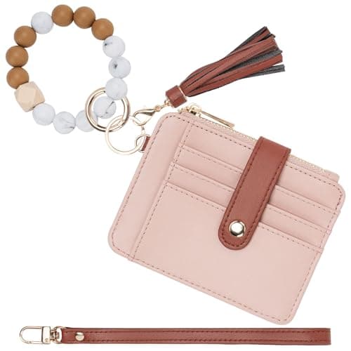 Airkit Wristlet Wallets for Women, Keychain RFID Blocking Credit Card Holder, Small Girly Wallet with Bracelet, Silicone Beaded Tassel Key Ring Card Holder, White& Brown - Image 1