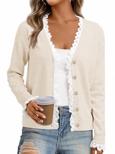 Cicy Bell Womens Lace V Neck Cardigan Sweaters Button Down Long Sleeve Knit Tops Fall Trendy Lightweight Open Front Sweater Beige - Image 1