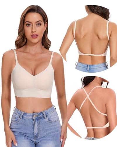 lemolly Low Back Bra - Open Back Backless Bra, Padded Bralette for Women Seamless Multiway Criss Cross Halter Bras XL Nude - Image 1