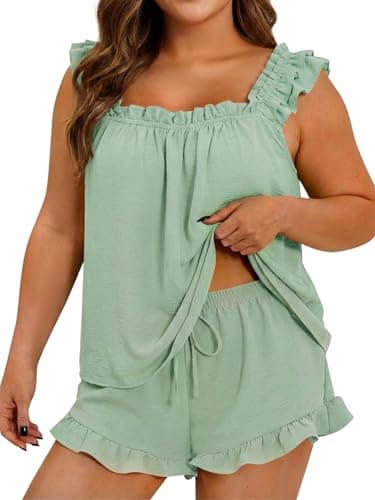 Beautife Womens Plus Size 2 Piece Pajamas Set Ruffle Square Neck Tank Top Shorts Matching Sets Summer Loungewear Outfits - Image 1