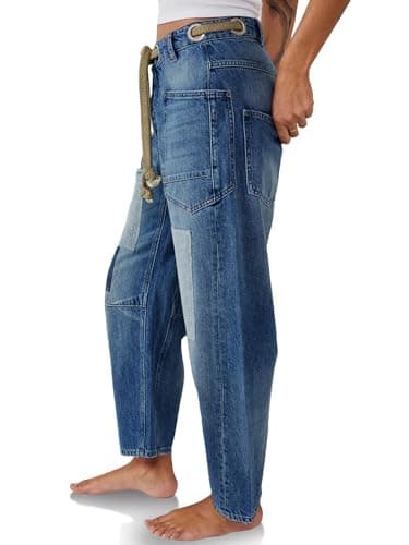 PLNOTME Womens Baggy Barrel Horseshoe Jeans Wide Leg Patchwork Low Rise Denim Pants with Pockets Blue - Thumbnail 2