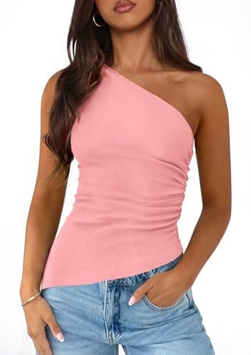 PRETTYGARDEN Womens 2026 Summer Y2K Tops Sleeveless One Shoulder Slim Fit Shirts Ruched Knit Asymmetrical Top Blouse (Pink,Medium) - Image 1