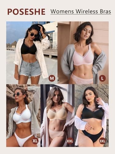 POSESHE Comfortable Seamless Full Coverage Bra for Women Wireless Bras with Soft Support Regular and Plus Size Grey - Thumbnail 4