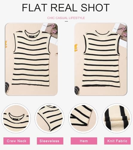 Dokotoo Blouses for Women Dressy Casual Fashion Crew Neck Sleeveless Pullover Sweaters Vest Basic Striped Loose Fit Lightweight Cute Shirts Comfy Cozy Ribbed Knit Tank Tops Black Stripe X-Large - Thumbnail 4