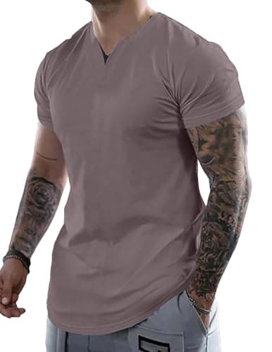 JMIERR Casual Henley Shirts Muscle Slim T Shirt V-Neck Short Sleeve Longline Shirts Gym Workout Casual Cotton Tees Shirts, 2XL, Brown - Image 1