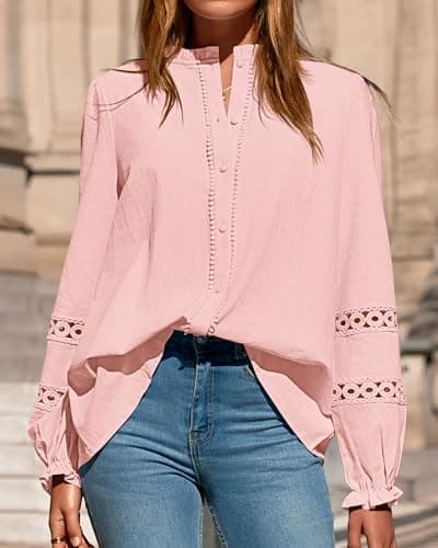 KIRUNDO Going Out Tops for Women 2026 Spring Fashion Boho Cotton Eyelet Long Sleeve Button Up Shirt Lace Dressy Casual Blouse(Light Pink, XX-Large) - Thumbnail 5