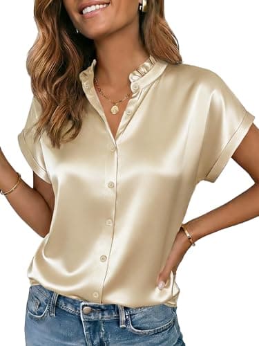 Funlingo Satin Blouses for Women Dressy Silk Short Sleeve Button Down Shirts Summer Ruffle Collar Work Tops Business Casual Outfits Beige S - Image 1