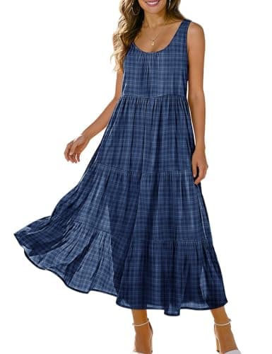 YESNO Milkmaid Dress for Women Summer Sleeveless Boho Midi Sundress Crewneck Flowy Beach Clothes 2XL EVE NAVYBLUE - Image 1