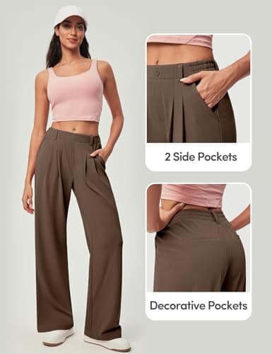 IUGA Wide Leg Pants Woman Pull on Stretchy Work Dress Pants High Waisted Business Casual Trousers Slacks Standard, Meduim, Coffee - Thumbnail 5