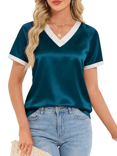 Funlingo Summer Tops for Women Silk Satin Short Sleeve Blouses Blue Green V Neck Color Block T Shirts Business Casual Outfits 2XL - Image 1