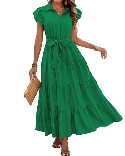 dowerme Women's Summer Casual Dresses 2026 Cap Ruffle Sleeve V Neck Button Belted Tiered Boho Maxi Dress with Pockets(Bright Green,XX-Large) - Image 1