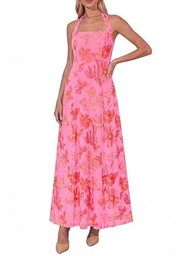 KIRUNDO Women Halter Floral Maxi Dress 2026 Summer Wedding Guest Cocktail Party Sleeveless A Line Beach Vacation Sundress(Pink, XX-Large) - Image 1