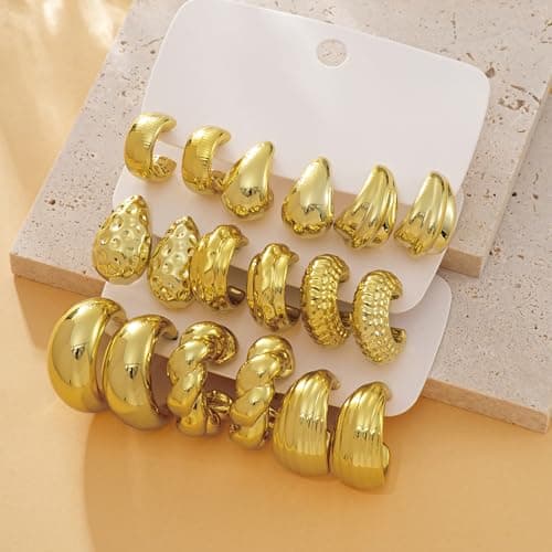 Chunky Gold Hoop Earrings Set for Women Trendy, 9 Pairs Lightweight Hypoallergenic Gold Plated Thick Hoop Earrings Pack Jewelry Gift - Thumbnail 6
