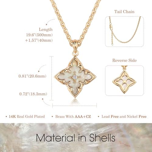 Fettero Gold Clover Necklace for Women Dainty 14K Gold Plated CZ Pendant Necklace Charm Colorful Clover Pendant Lucky Necklaces for Women Jewelry - White Mother of Pearl - Thumbnail 5