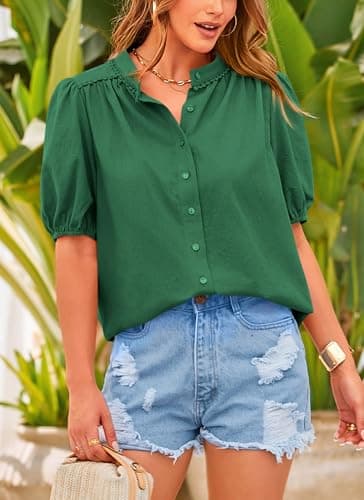 PRETTYGARDEN Women's 2026 Summer Button Down Shirts Short Lantern Sleeve V Neck Cotton Cute Tops Dressy Casual Blouses (Dark Green,Medium) - Thumbnail 3