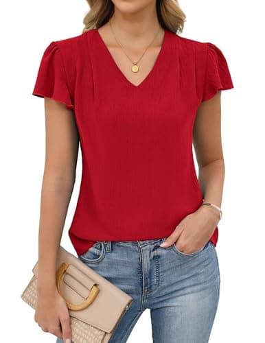 Gleeneat Womens Dressy Business Casual Ruffle Short Sleeve Blouses Summer Dress Pleated Work Office Shirts V Neck Flowy Tops 2026 Trendy Outfits Red - Image 1
