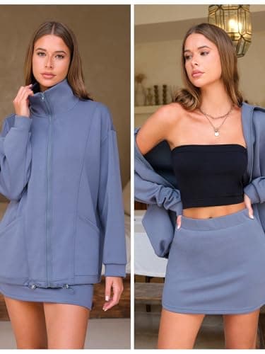 EXLURA Women 2 Piece Skirt Sets Airport Outfits Zip Up Sweatshirt Matching Skorts Tennis Sweatsuits Travel Tracksuit 2026 - Thumbnail 3