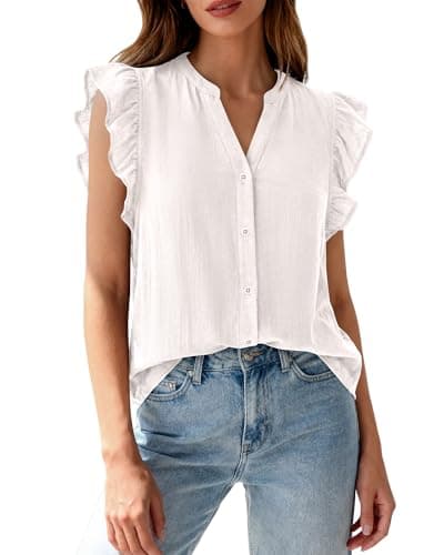 Zenlonr Womens Short Ruffle Sleeve Shirts V Neck Button Down Shirt Solid Color Going Out Spring Tops(White,Large) - Image 1