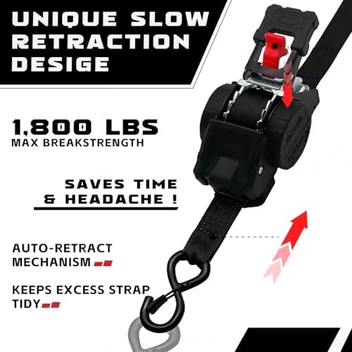 Retractable Ratchet Straps (2-Pack) - Heavy Duty Auto Slow Retraction Tie Down Straps - 1 Inch x 13 Feet (1,800lb Break Strength) for Truck, Cargo Trailer, Motorcycle, ATV, UTV - Black - Thumbnail 3
