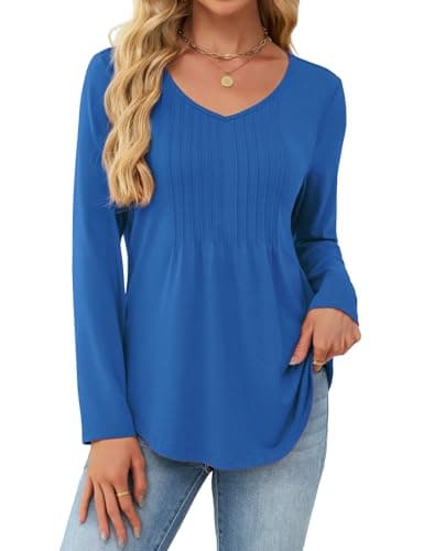 JUSTFASHIONNOW Winter Clothes for Women 2025 Pleated Blue Long Sleeve Women's Tops V Neck Loose T-shirt Blusas Casuales de Mujer Bonitas Fall Clothes (Blue, XX-Large) - Image 1