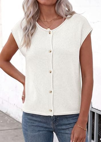 PRETTYGARDEN Womens Cap Short Sleeve Sweater Vest 2026 Spring Summer Lightweight Button Down Cardigans Trendy Loose Tops (White,Medium) - Thumbnail 4